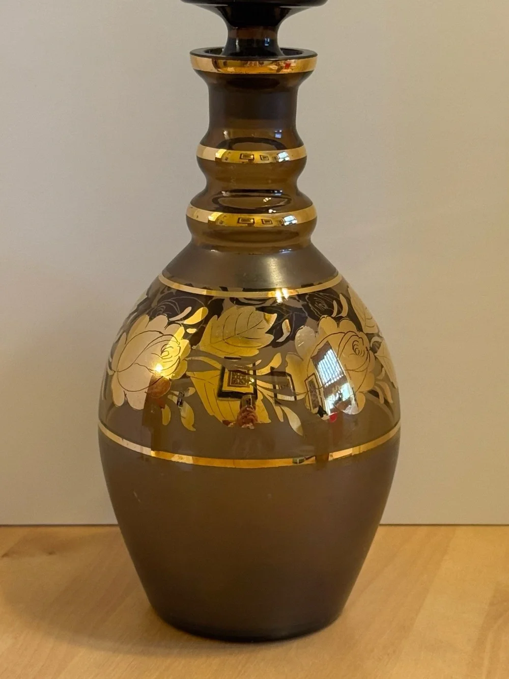 VTG Czech Bohemia smoky glass decanter set w/gilded trim and floral accents